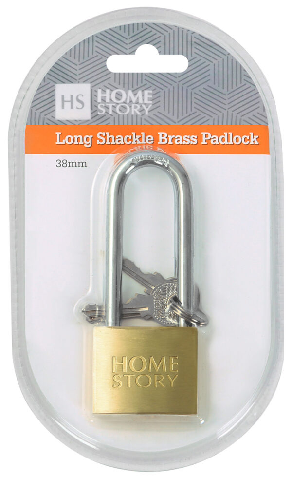 BRASS PADLOCK -Long Shackle - 38mm - 1's - 3 Keys - HS51333